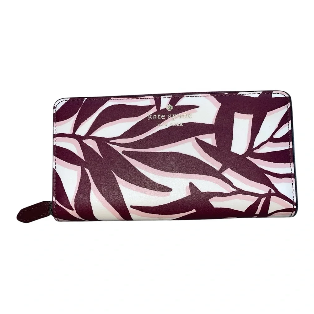 Kate Spade Foliage Large Continental Wallet Merlot Cream Leaf Print - Picture 1 of 4